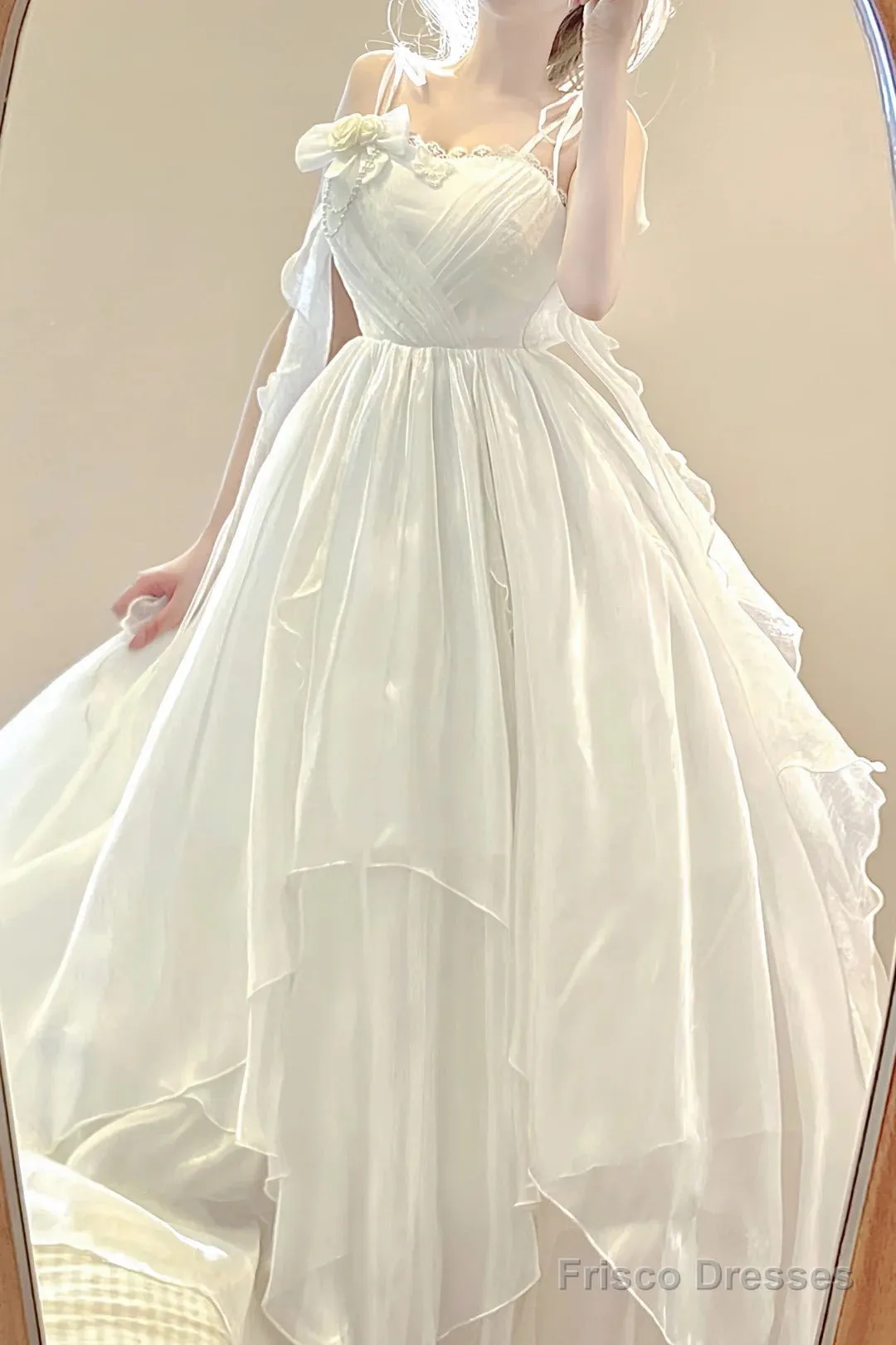 Vintage A Line Spaghetti Straps White Floral Long Birthday Dresses Prom Dress Chiffon Birthday Outfits
